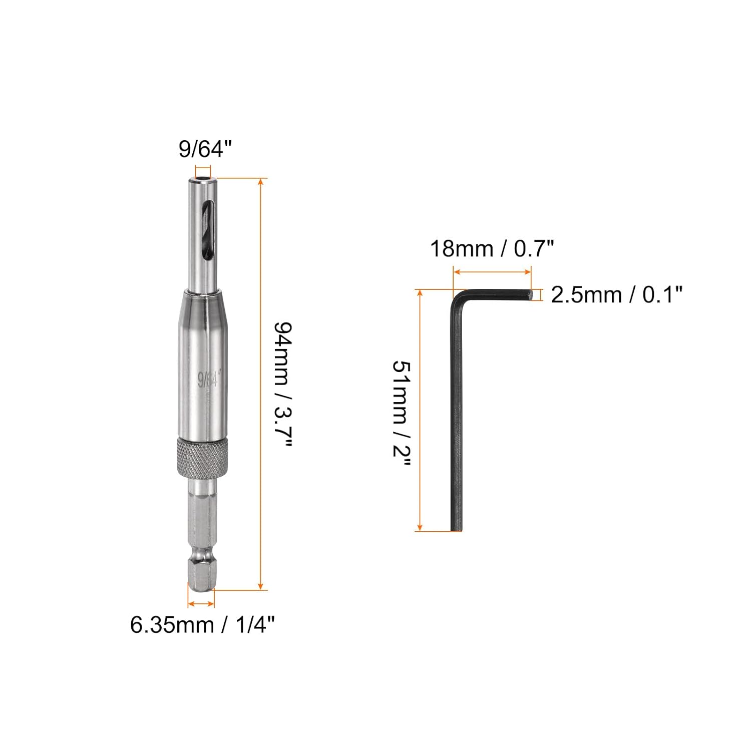 FRKSMD-2pcs Self Centering Drill Bit Set 9/64", 1/4" Hex Shank Drilling Bits for Wood Working, Cabinet Door Hinge Hole Punch Tool Self Center with Hex Keys L-Shaped, Silver
