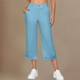 thumbnail image 4 of jtjvou Women's Fashion Casual Stretch Waist Button Cropped Pants Summer Solid Color Loose Straight Sports Capri with Pockets Blue XXL, 4 of 8