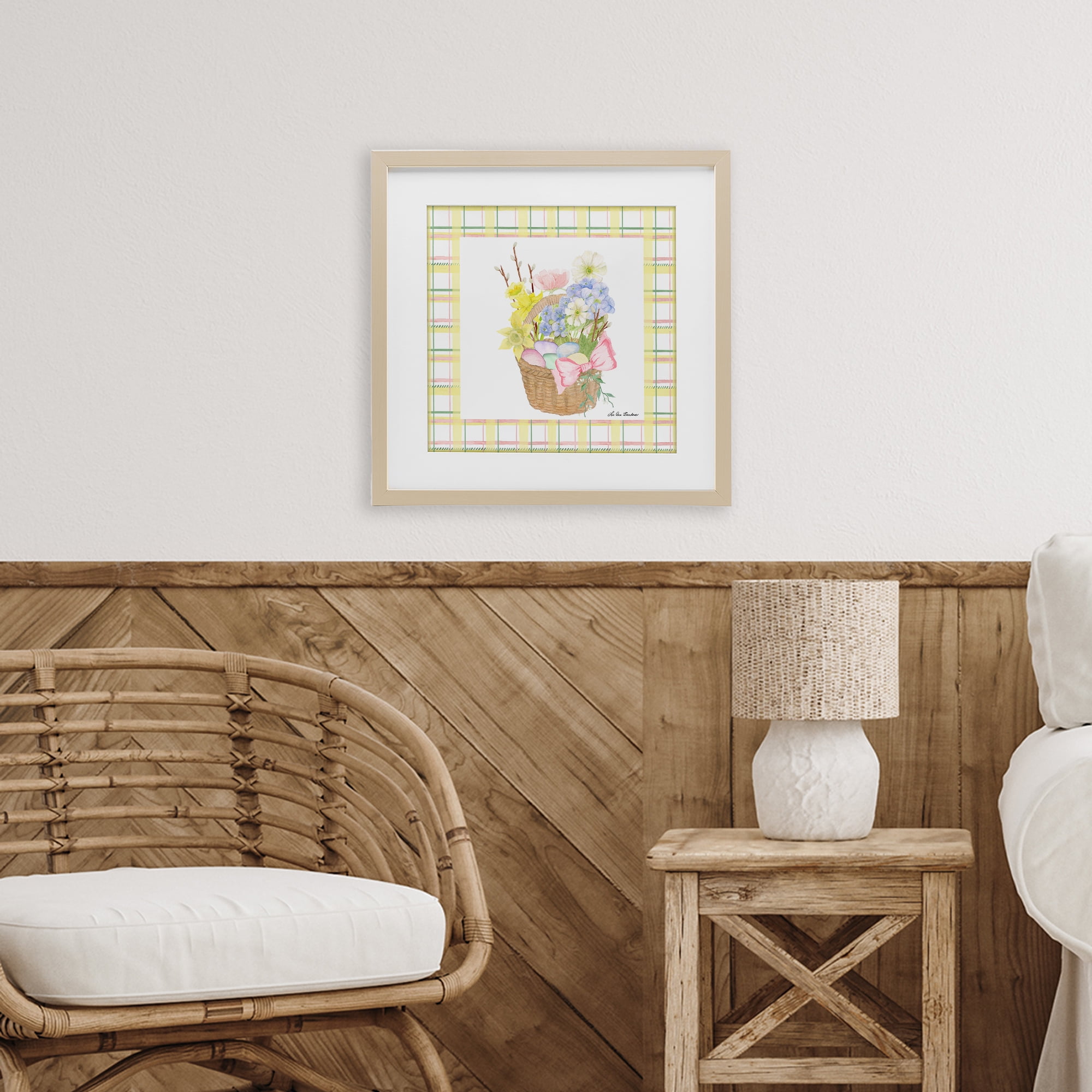 Spring Basket on Plaid Birch Framed Print Under Glass, design by Lee Ann Sanders