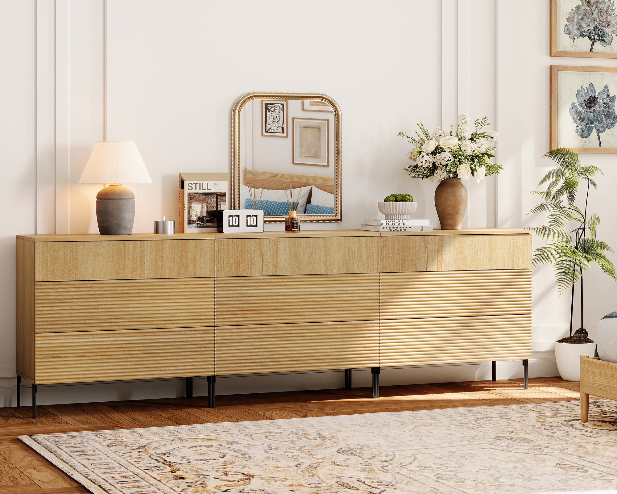 3 Drawer Dresser Set of 3 for Bedroom, Minimalist Chest of Drawers with Storage, 9 Drawer Dresser with Reeded Design, Wooden Modern Dresser for Living Room, Bedroom, Entryway