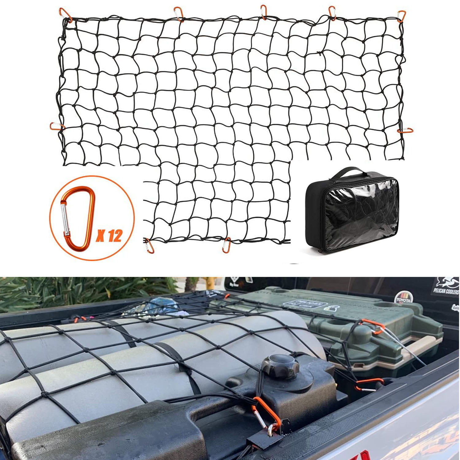 MAY.T 4x6 Super Duty Bungee Cargo Net Stretches to 8x12 with 16 D Shape Aluminum Clip Carabiners for Pickup Truck SUV RV Trailer Boat 