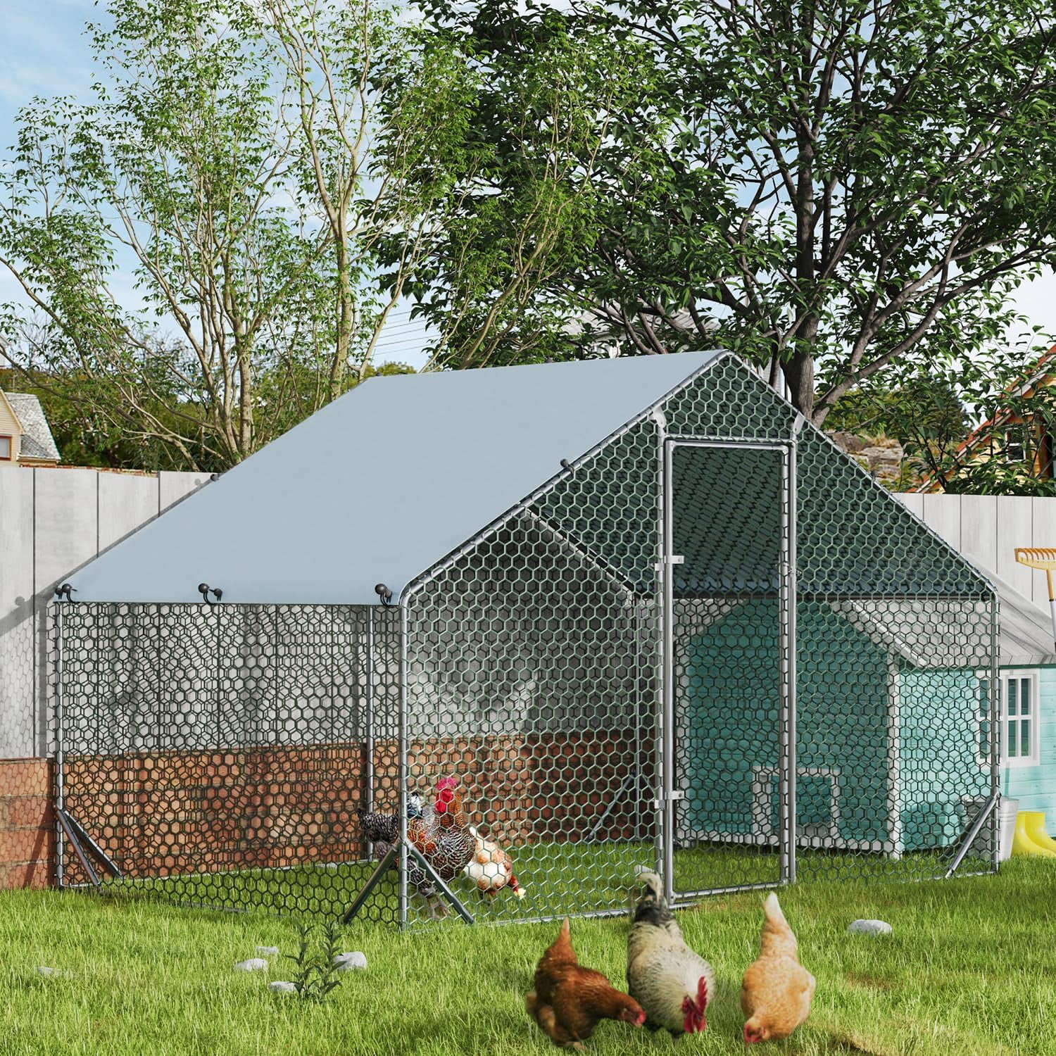 DreamCurship Large Metal Chicken Coop, Outdoor Walking Poultry Cage, Chicken Runs Hen House Rabbits Habitat Cage with Waterproof and Anti-UV Cover for Yard Outdoor Farm