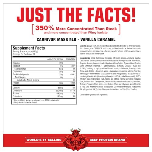MuscleMeds CARNIVOR Mass Gainer batido aislado de proteína de carne de res, 50 gramos de proteína, 125 gramos de carbohidratos, 0 grasa, 0 azúcar, sin lactosa, caramelo de vainilla, 5 libras
