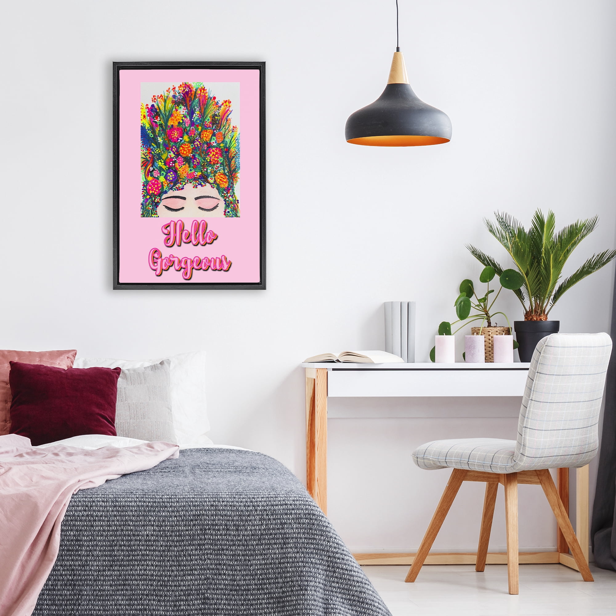 Stupell Industries Hello Gorgeous Floral Woman Black Framed Floater Canvas Wall Art, design by Pooja Dave