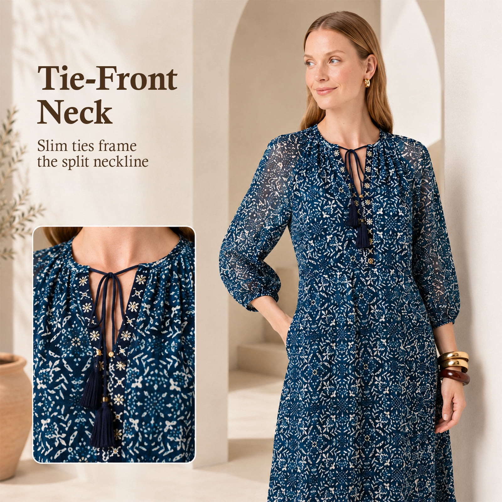Alvantor Women's Printed Midi Dress, Tie Neck 3/4 Sleeve Tiered Style, Navy Multi
