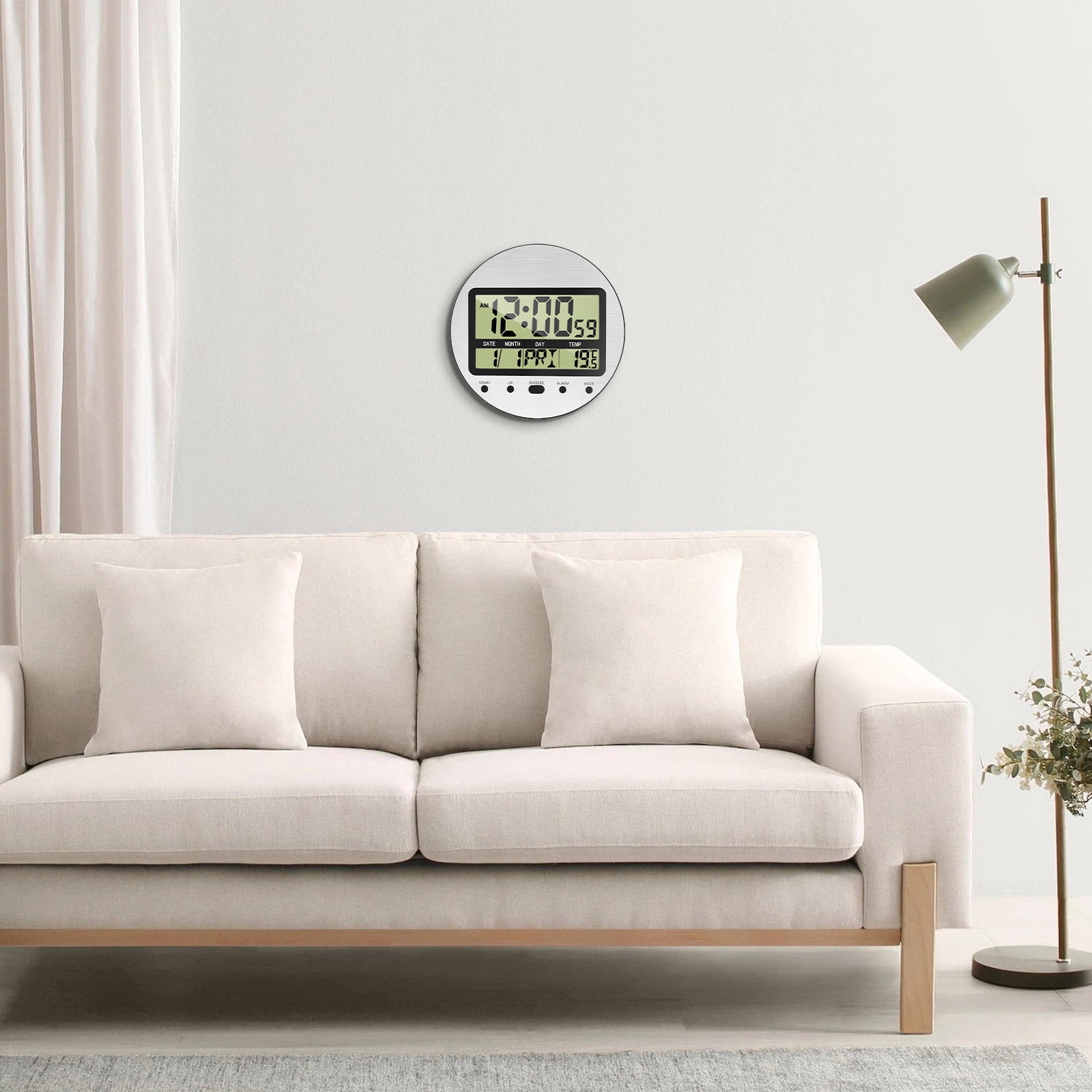 Atomic Digital Wall Clock with Temperature,Seconds,Date and Day of Week - Easy to Read/Set,Auto DST,Aluminum Silver,Round,Wall Mount/Desk Battery Operated