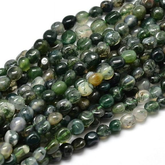 Natural Moss Agate Nuggets Beads Strands Tumbled Stone 5~10x6~7x3~7mm hole: 1mm about 14.9 inch~15.7 inch