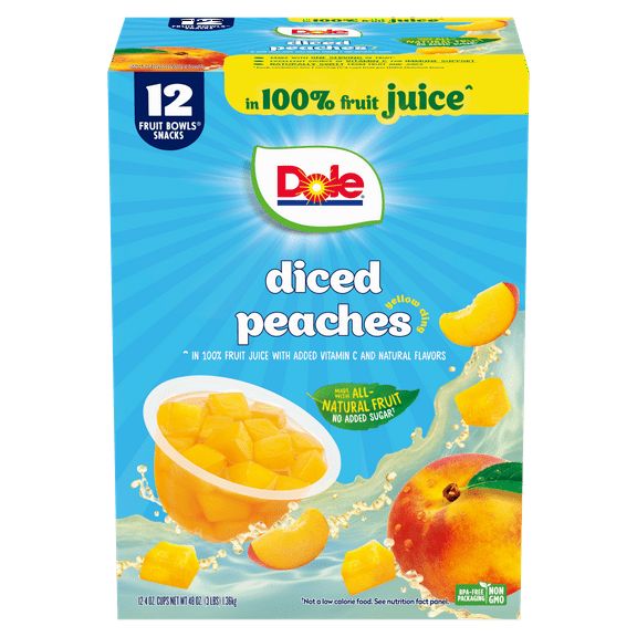 Dole Fruit Bowls Diced Peaches in 100% Fruit Juice, 4 oz Cups (12 Pack)