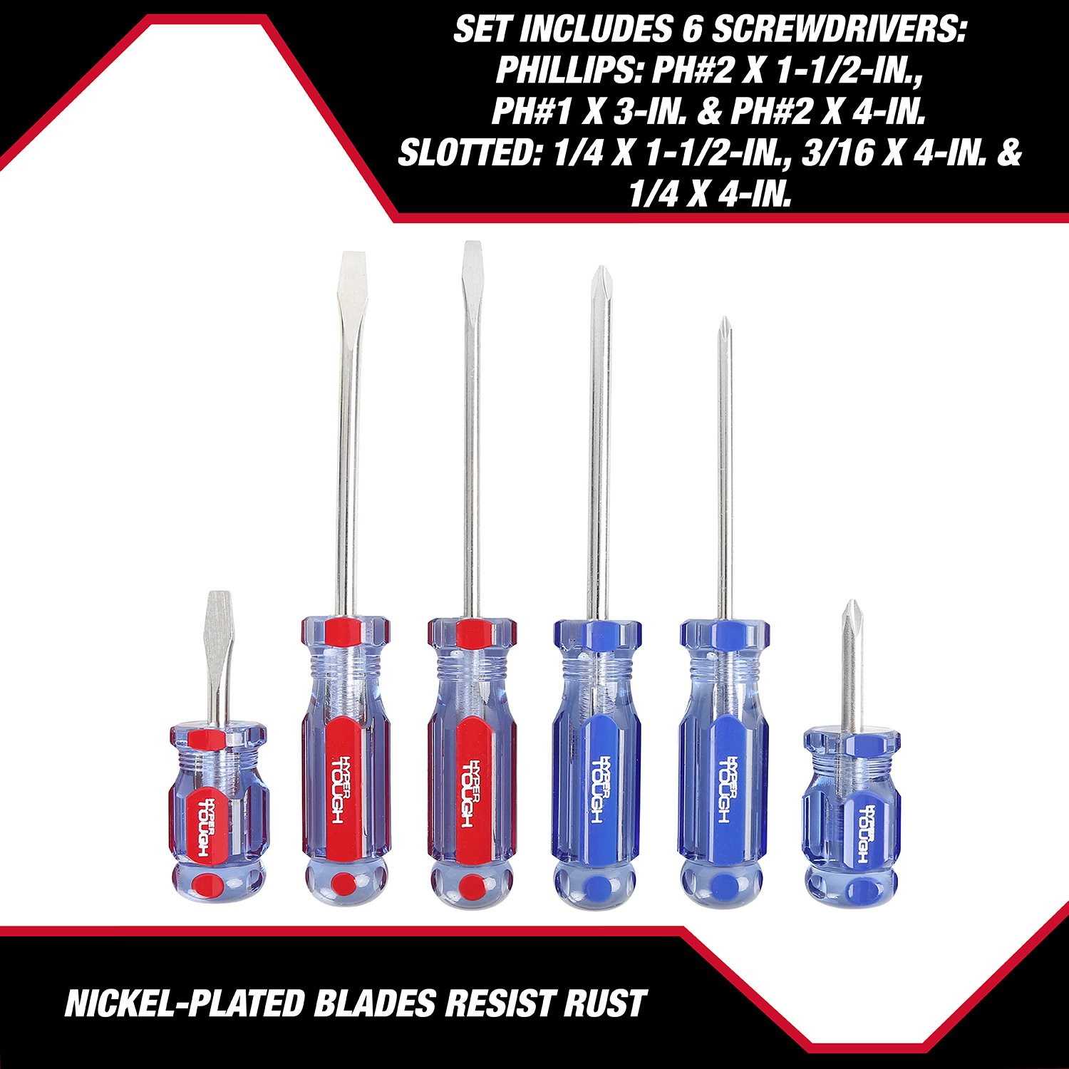 Juego de 6 destornilladores Hyper Tough Phillips y planos con mango de acetato, 935G6C 4