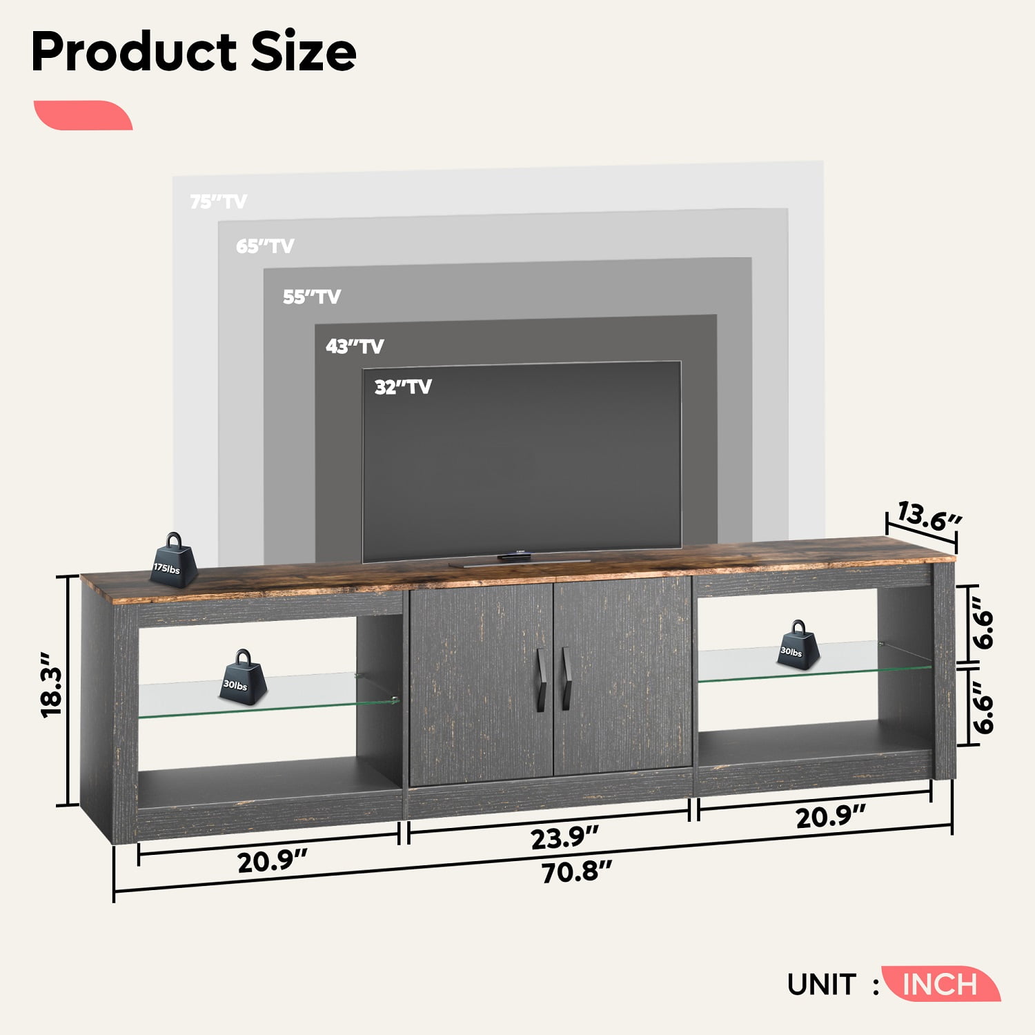 Bestier TV Stand for TVs up to 75" with Storage Cabinet, Entertainment Center for TVs with LED Light for Living Room, Black Gold