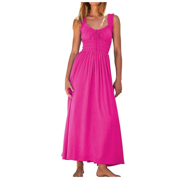 2025 Vestido largo sin mangas de verano para mujer con cintura imperio fruncida y volantes - Boho A-Line con dobladillo fluido