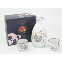 Smiling Juju Porcelain White Crane Heron Flower Sake Set 2 Cups 1 Decanter / Bottle / Carafe