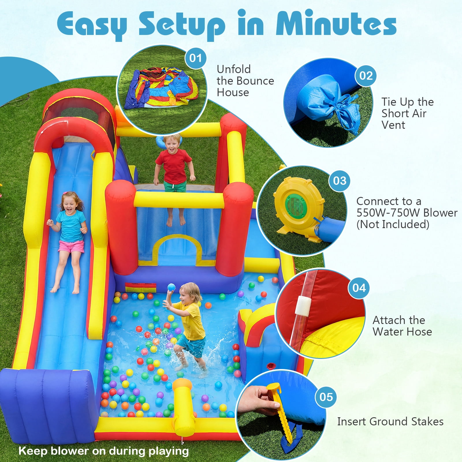 Gymax Inflatable Water Slide 7-in-1 Outdoor Bounce House w/ Dual Slides Splash Pool Water Cannon Climbing Wall & Basketball Hoop
