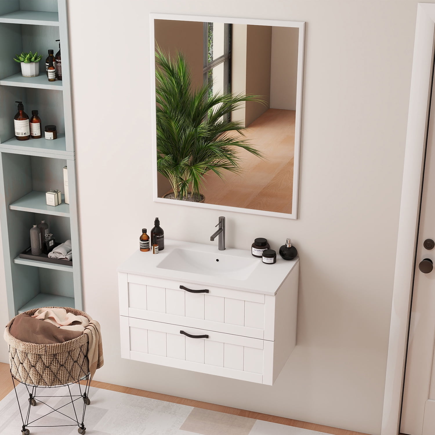 Demi Bonn 31" Wall-Mounted Bathroom Vanity with Decor Line Soft-Close Double Drawer, Basin and Mirror, Faucets and Drains Not Included, White