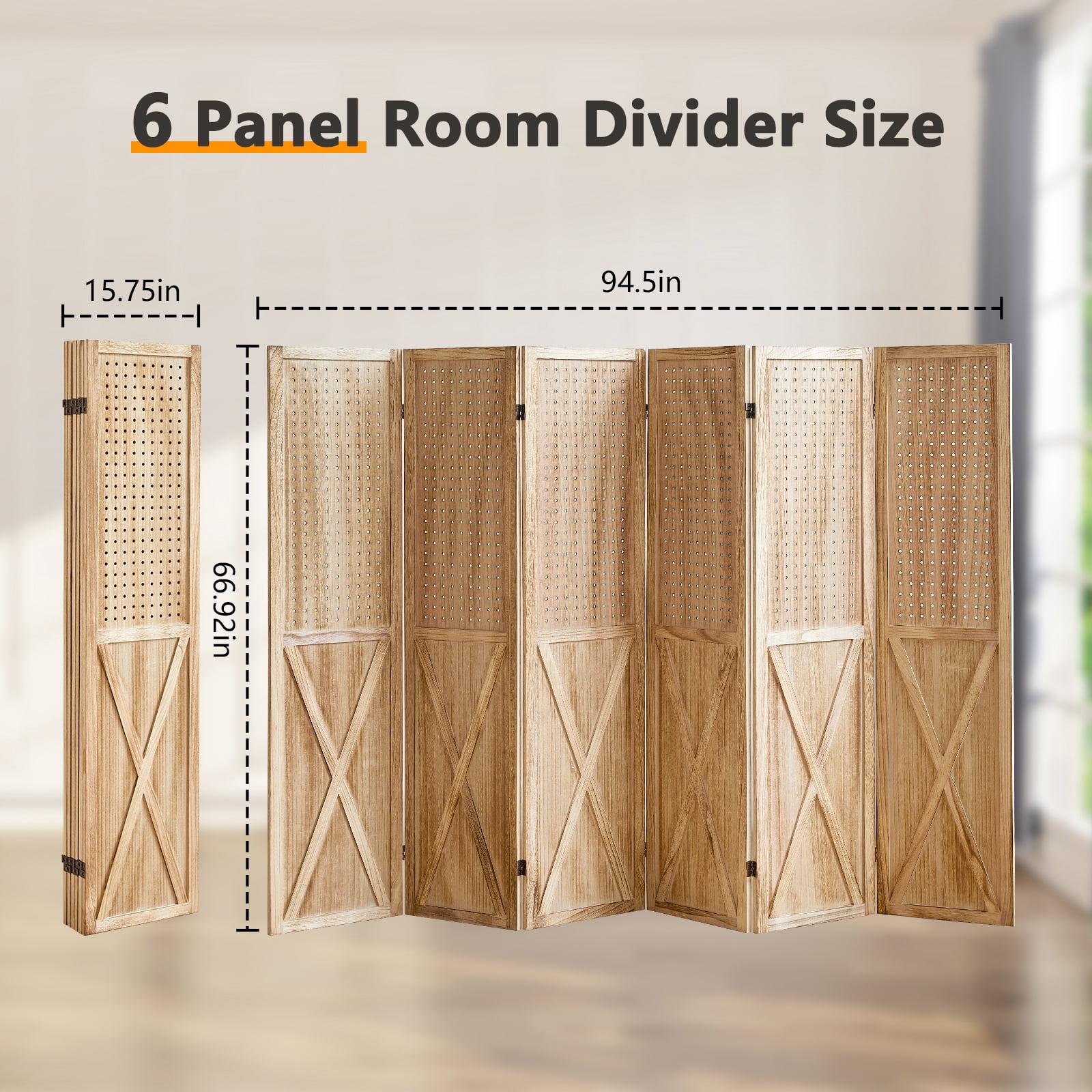 Aletheiawu 6 Panel Wood Room Divider Folding Portability Privacy Screens, No Installation Required, Light Brown