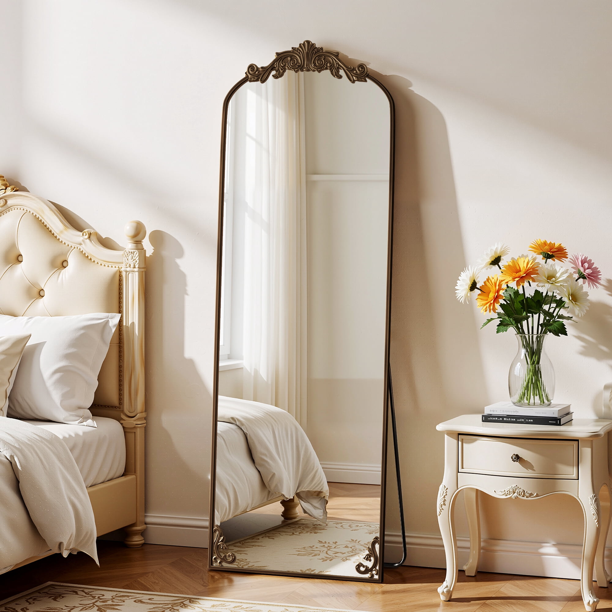 Anyrose 66"x 21" Baroque Full Length Mirror Arched Vintage Floor Mirror with Stand, Antique Bronze