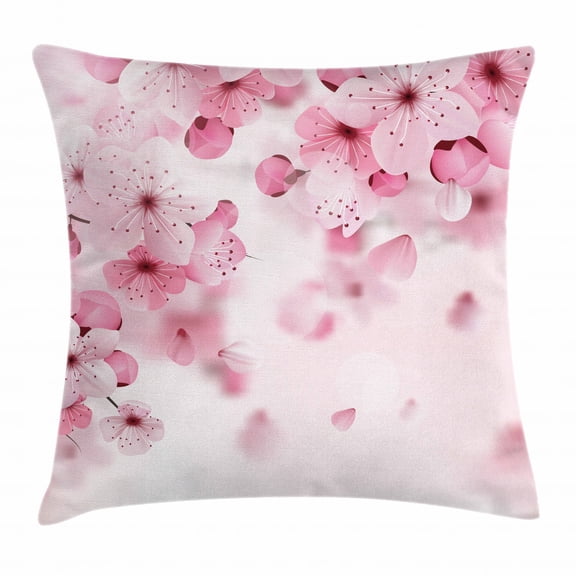 Floral Throw Pillow Cushion Cover, Japanese Sakura Flowers Blossoms Eastern Spring Nature Theme Illustration, Decorative Square Accent Pillow Case, 16 X 16 Inches, Light Pink Baby Pink, by Ambesonne