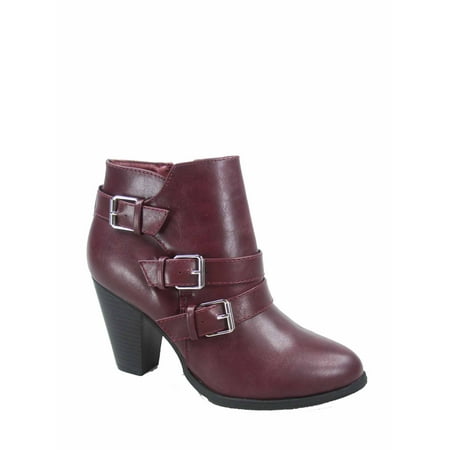 Women's Round Toe Faux Leather Strappy Buckles High Heel Ankle Booties