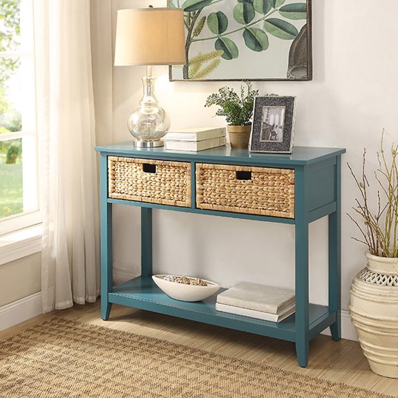 Knubmt Rectangle Console Table with Bottom Shelf and 2 Basket, Wood Sofa Table for Living Room, Bedroom, Teal Blue