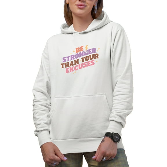 Be Stronger Than Your Excuses, Retro Groovy Wavy Text Art, Work Out Merch Gift, White Hooded Sweatshirt or Hoodie, Small