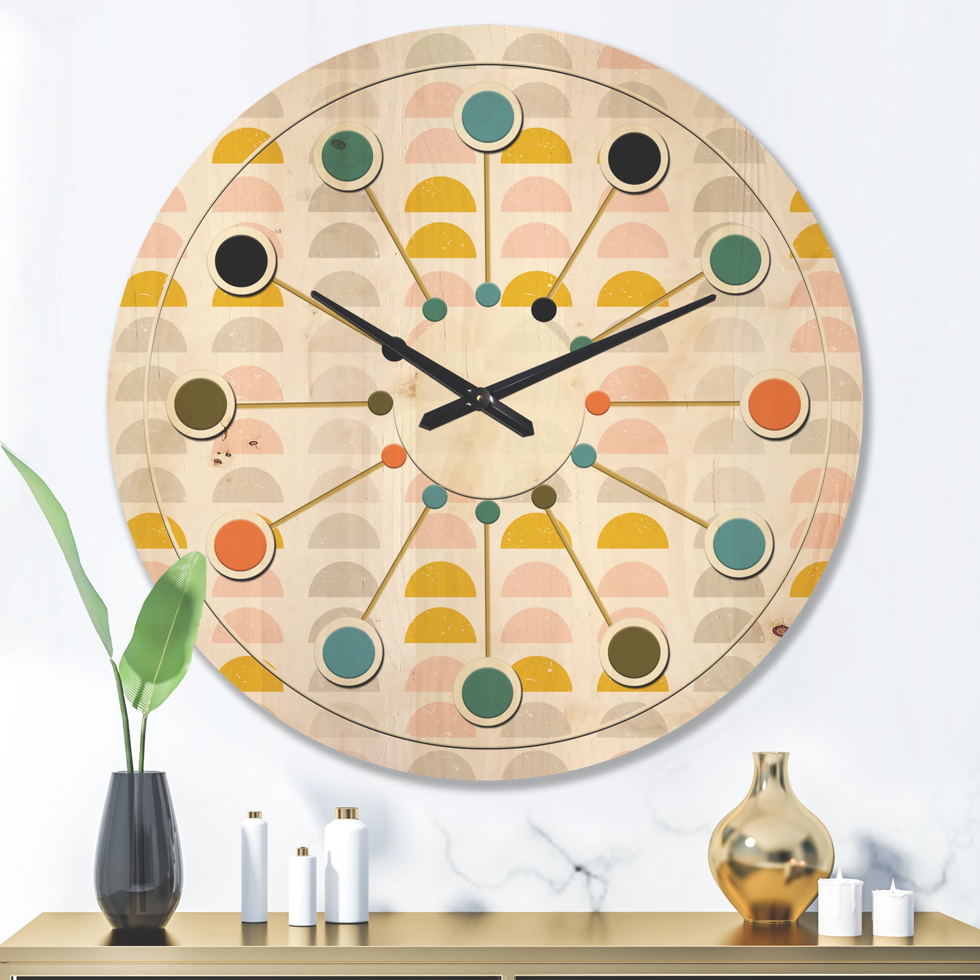 Designart 'Pastel Circular Retro Pattern III' Mid-Century Modern Wood Wall Clock