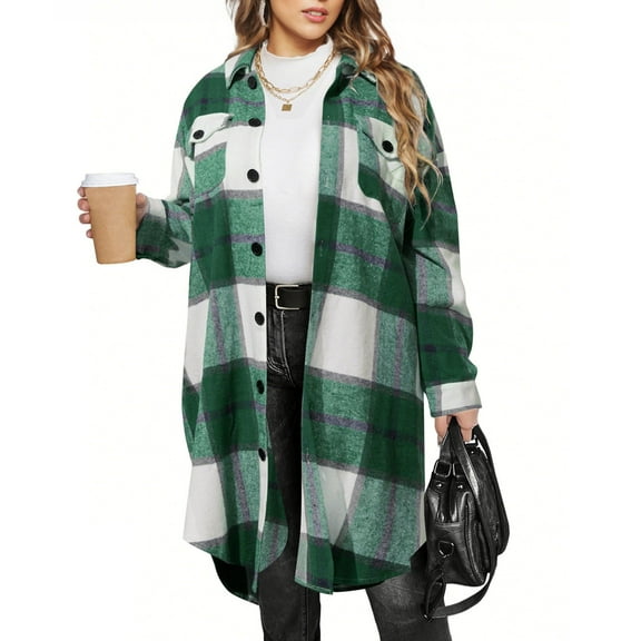 Hvyesh Womens Plaid Shacket Jacket Flannel Plaid Long Sleeve Button Down Shirts Casual Sping Fall Long Trench Coat