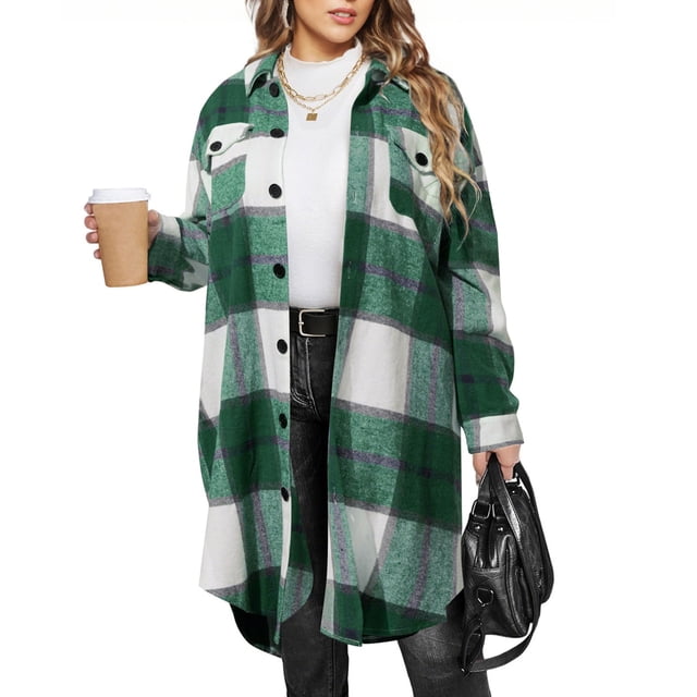 Erwazi Women's Plaid Shacket Jacket oversized Button Down Long Shirt Jackets Fall Fashion Jacket with Flap Pocket