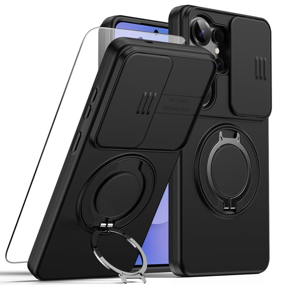 Dteck for Samsung Galaxy S25 Plus Case with Magnetic Ring Stand Screen Protector Movable Camera Lens Shield Dual Layer Rugged Bumper,Black