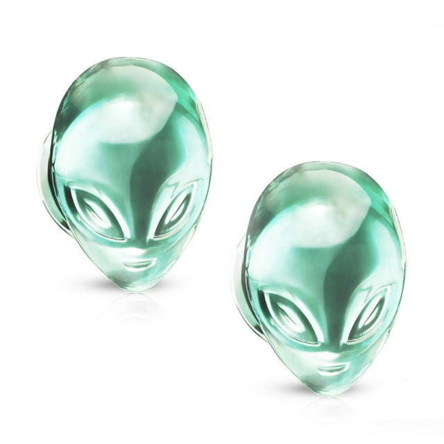 Pair of Ear Plugs / Tunnels Green Alien Face Design Pyrex Glass Double Flare