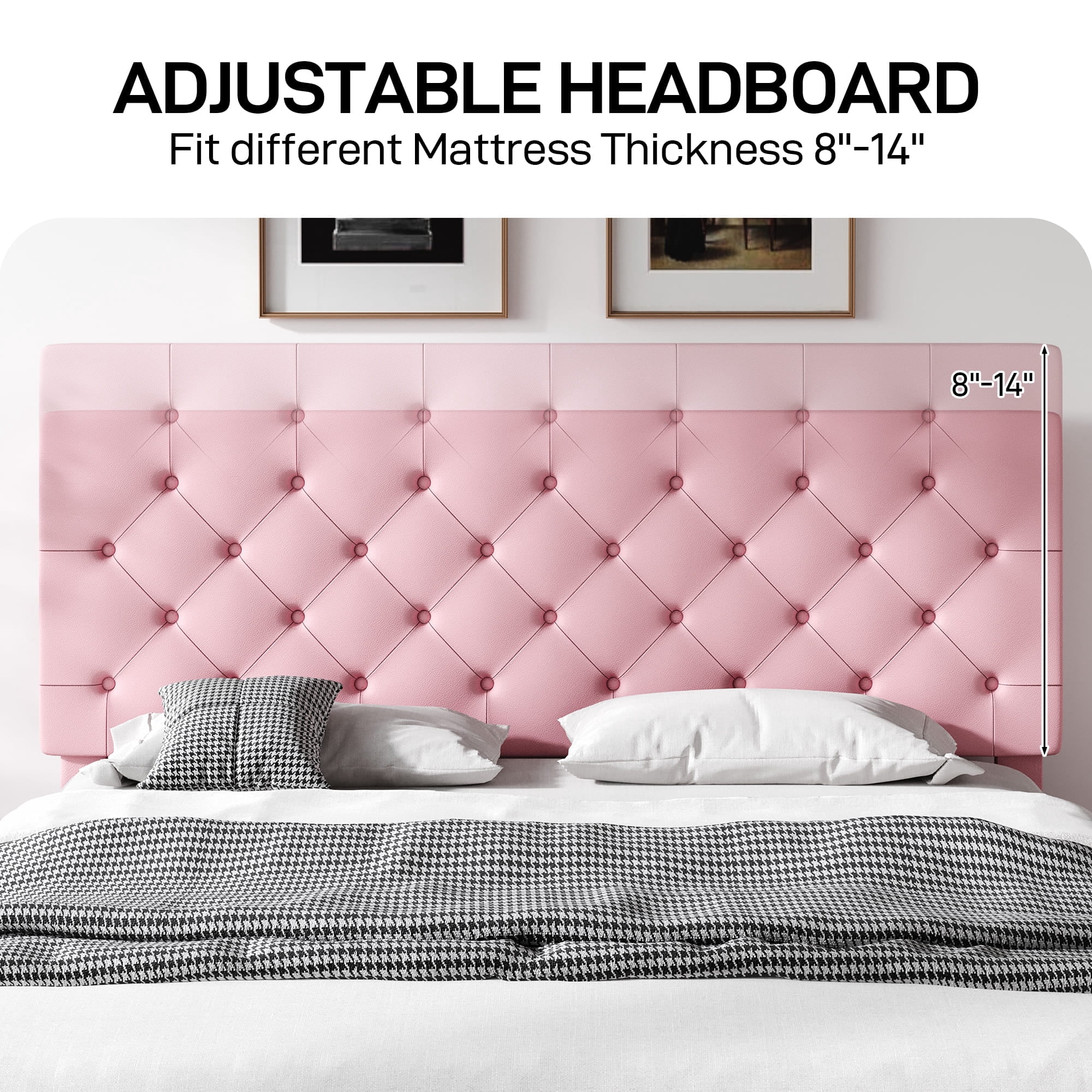 4 EVER WINNER Full Upholstered Bed Frame with Adjustable Headboard, Button Tufted Linen Bed Base, Platform Bed with Wood Slat, Heavy Duty, Easy Assembly, No Box Spring Needed, Pink