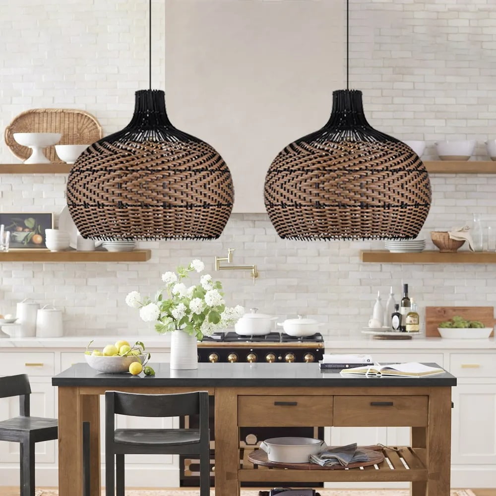 LittleGlovo Dining Room Black Brown Rattan Pendant Light Fixture Wabi-sabi Vintage Lamp