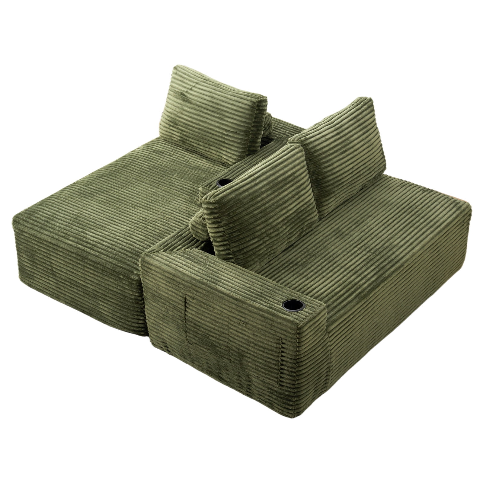 L-Shape Cloud Couch Cup Holders, Modular 104" Cloud Sectional Sofa Corduroy Boneless Sofa Couch with Chaise for Living Room, Green