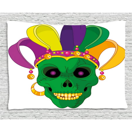 Mardi Gras Tapestry, Scary Looking Green Skull Mask with Carnival Hat Beads and Earring Cartoon Style, Wall Hanging for Bedroom Living Room Dorm Decor, 80W X 60L Inches, Multicolor, by Ambesonne