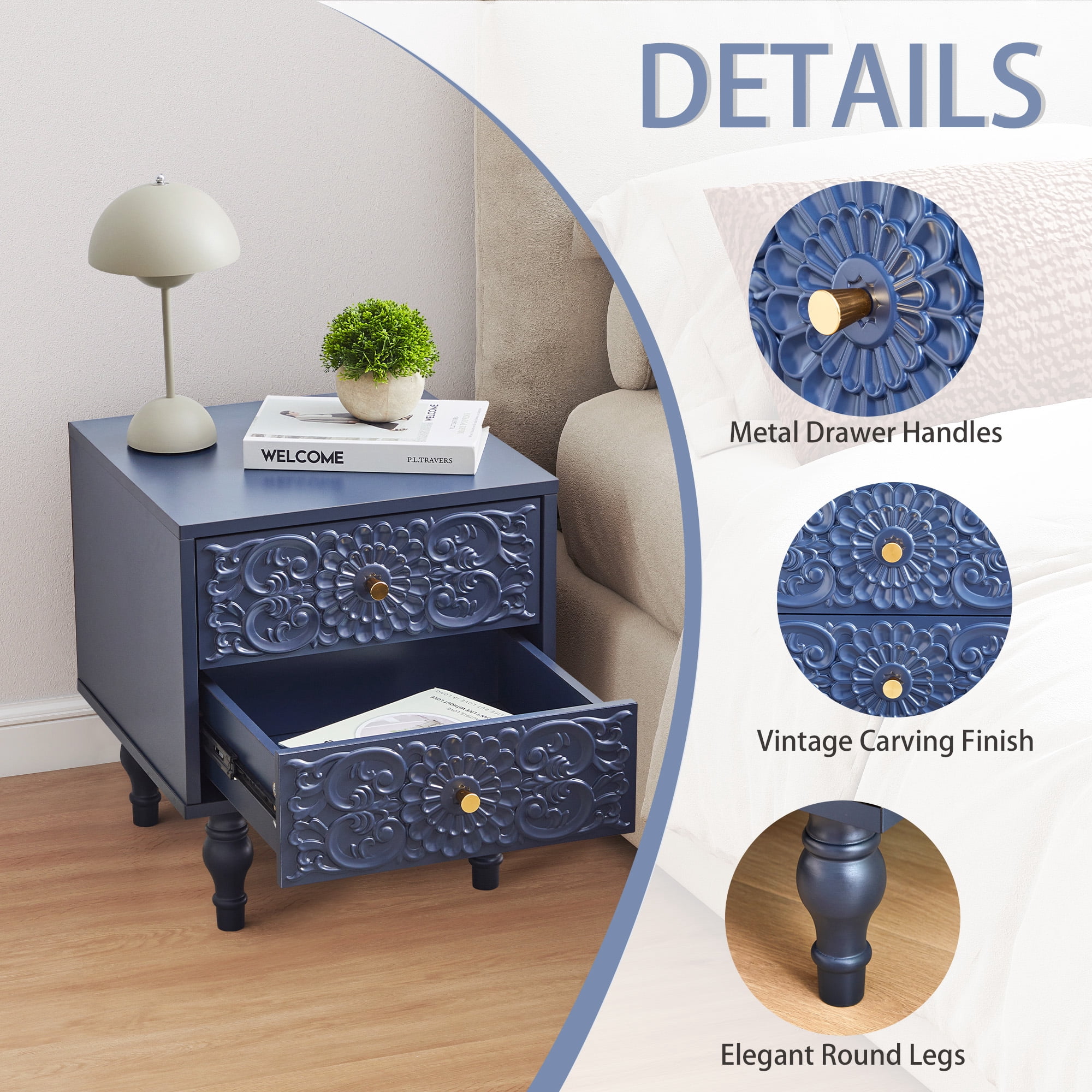 Wirrytor Vintage Short Nightstand Set of 2 with 2 Drawers, Bedside Table 2 Drawer Dresser with Embossed Pattern, Storage End Table with Wooden Legs for Bedroom & Living Room,Blue