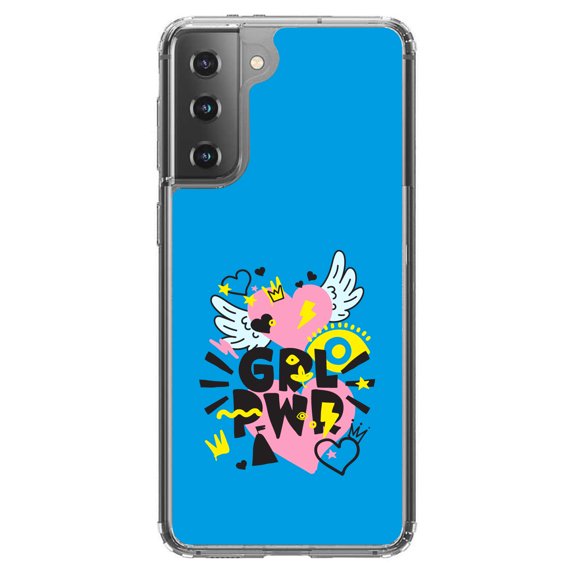 DistinctInk Clear Shockproof Hybrid Case for Galaxy S21  PLUS 5G (6.7" Screen) - TPU Bumper, Acrylic Back, Tempered Glass Screen Protector - Girl Power - GRL PWR - Pink, Blue, Yellow