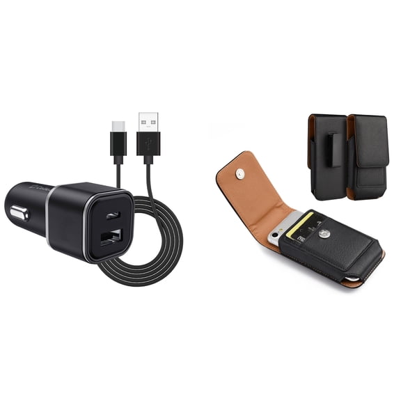 Holster and Car Charger Bundle for OnePlus 10 Pro: Vertical Magnetic Belt Pouch Case Clip (Black) and Compact High Power 30W Dual USB Port (Type-C & USB-A) Auto Power Adapter