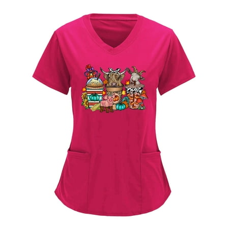 

Women Short Sleeve V-Neck Baseball Animal Cartoon Printed Scrubs Top Working Uniform Nurses Clothing Workwear Shirts Blouse Tops With Pockets Top Leisure Streetwear