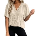 thumbnail image 3 of VBVC Women's Floral Lace Dot V Neck Blouse , Ladies' Ruffle Short Sleeve Casual Top , Eyelet Textured Shirts For Women,Beige,S-2XL, 3 of 8