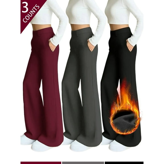 3pcs Flared Pants Set High Waist Solid Color Fleece Lined Warm Comfortable with Practical Pockets for Women's Autumn Winter Casual Outdoor Wear