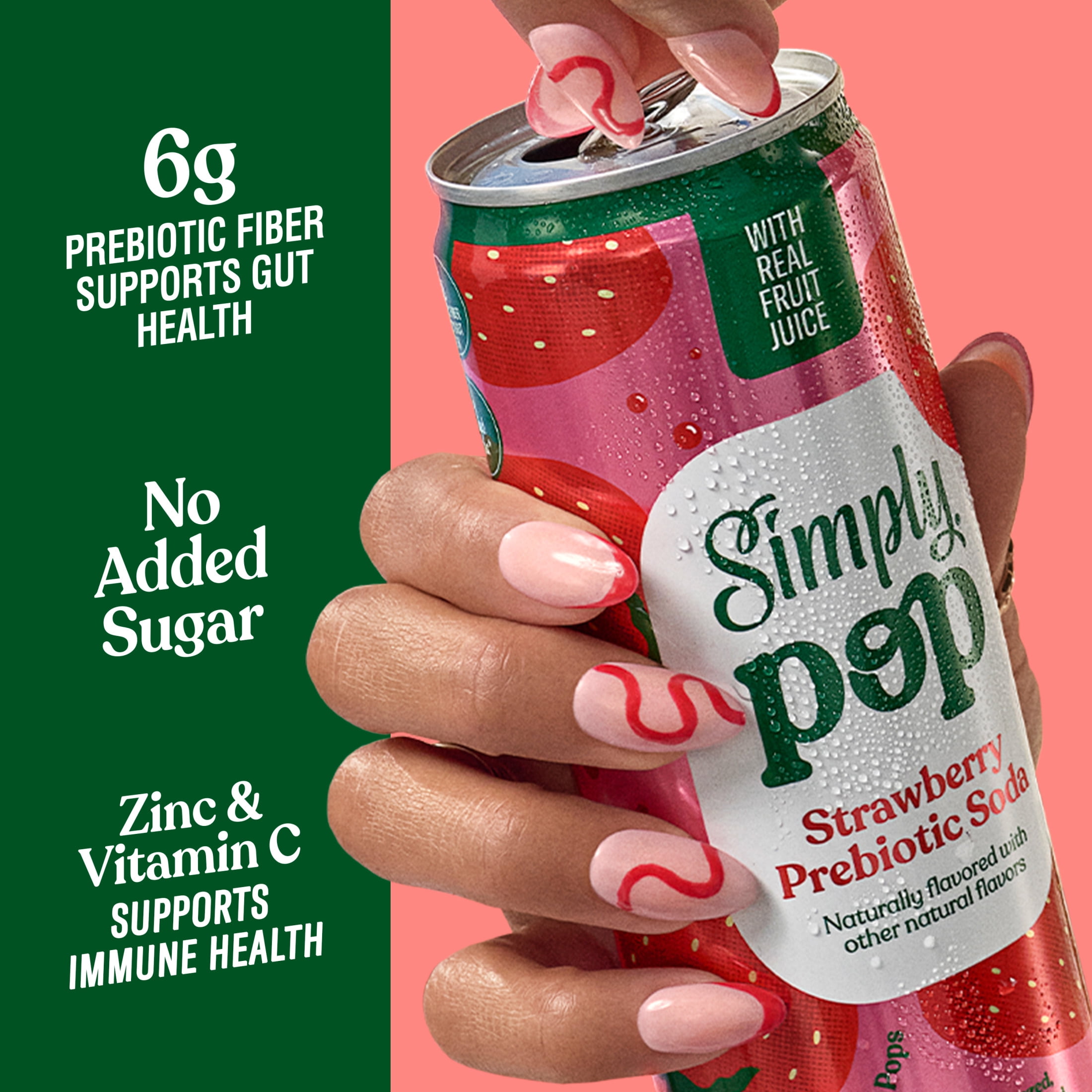 (12 pack) Simply Pop Prebiotic Soda Strawberry Drink, 12 oz. can