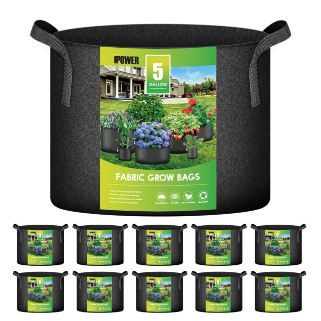 Macetas de tela no tejida Grow Bags iPower de 5 galones, paquete de 10 unidades, negras