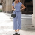 thumbnail image 4 of longantii Two Piece Sets Womens Tops Pants Summer Lounge Suit Wide Leg Drawstring Trousers Short Sleeve Shirts Vacation Casual Outfits Blue XL, 4 of 7