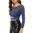 thumbnail image 5 of MODA NOVA Juniors Twist Long Sleeve Cut Out Front Glitter Cross Crop Tops Dark Purple M, 5 of 7