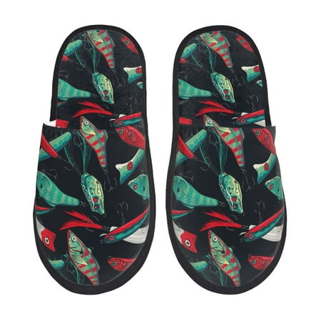 

Rateoe Fishing Lure Pattern Fuzzy Slippers Fuzzy Soft House Slippers Plush Furry Warm Cozy Open Toe Fluffy Home Shoes-Large