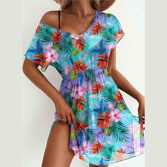 Ladies' Summer Fashion V-neck Short Sleeve Waist Dress with Mesh Thin Design