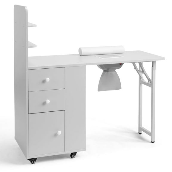 SESSLIFE Mobile Vanity Desk with 2 Drawers, Foldable Manicure Station with Cabinet Door and Storage Shelf, Portable Nail Tech Table for Home Salon and Professional Use, White