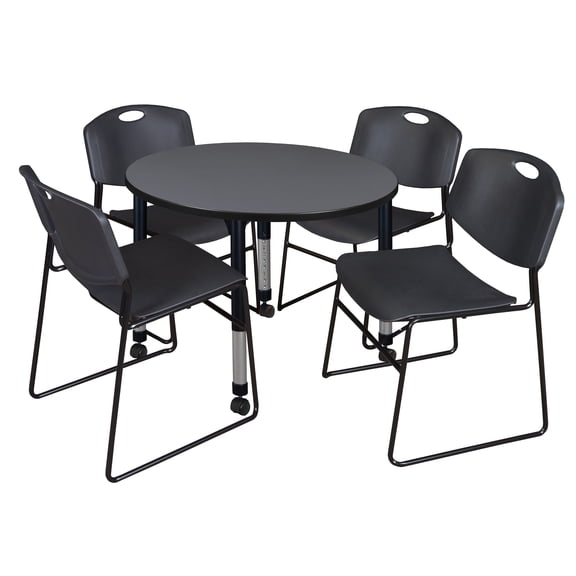 Regency 36 Round Mobile Adjustable Classroom Table- Grey & 4 Zeng Stack Chairs- Black