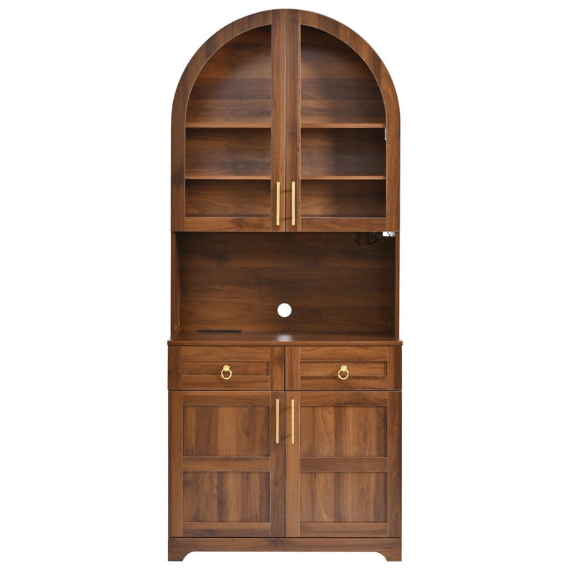 Arched Kitchen Pantry Cabinet with LED Light & Charging Station, Farmhouse Storage Hutch with 2 Drawers, Adjustable Shelves, Glass Doors, Coffee Bar Cabinet for Kitchen, Dining Room