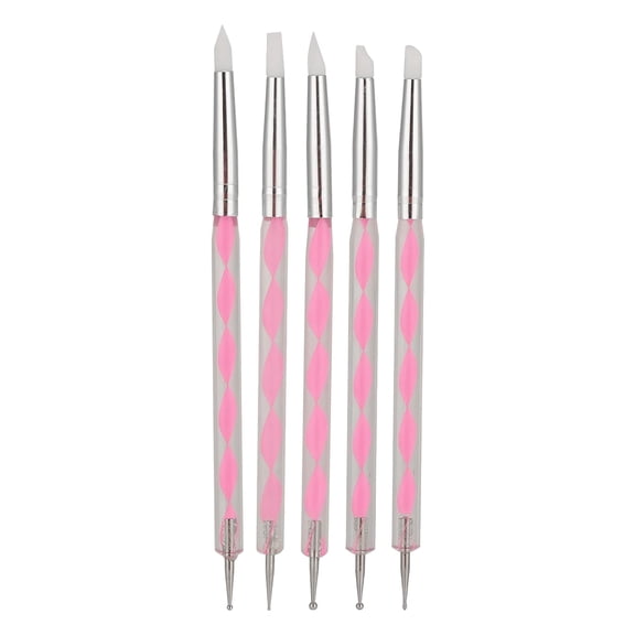 5PCS Dual-End Nail Art Silicone Brushes & Dotting Tools, Pink Handle Nail Sculpting Pen Set for 3D Carving, Dotting, Rhinestone Picking & DIY Nail Designs