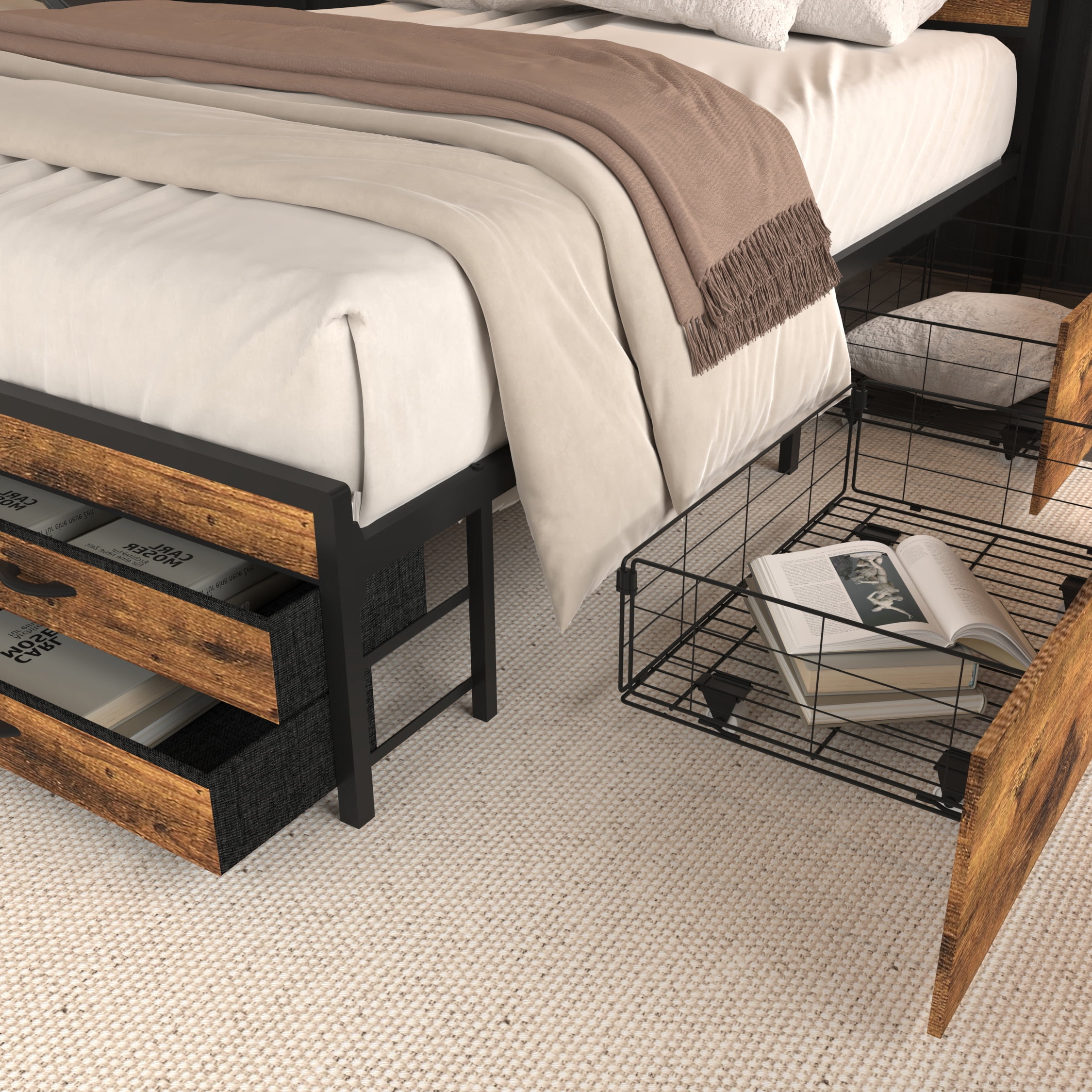 Miniyam Queen Size Bed with Storage Drawers, Charging Station for Adult, Brown